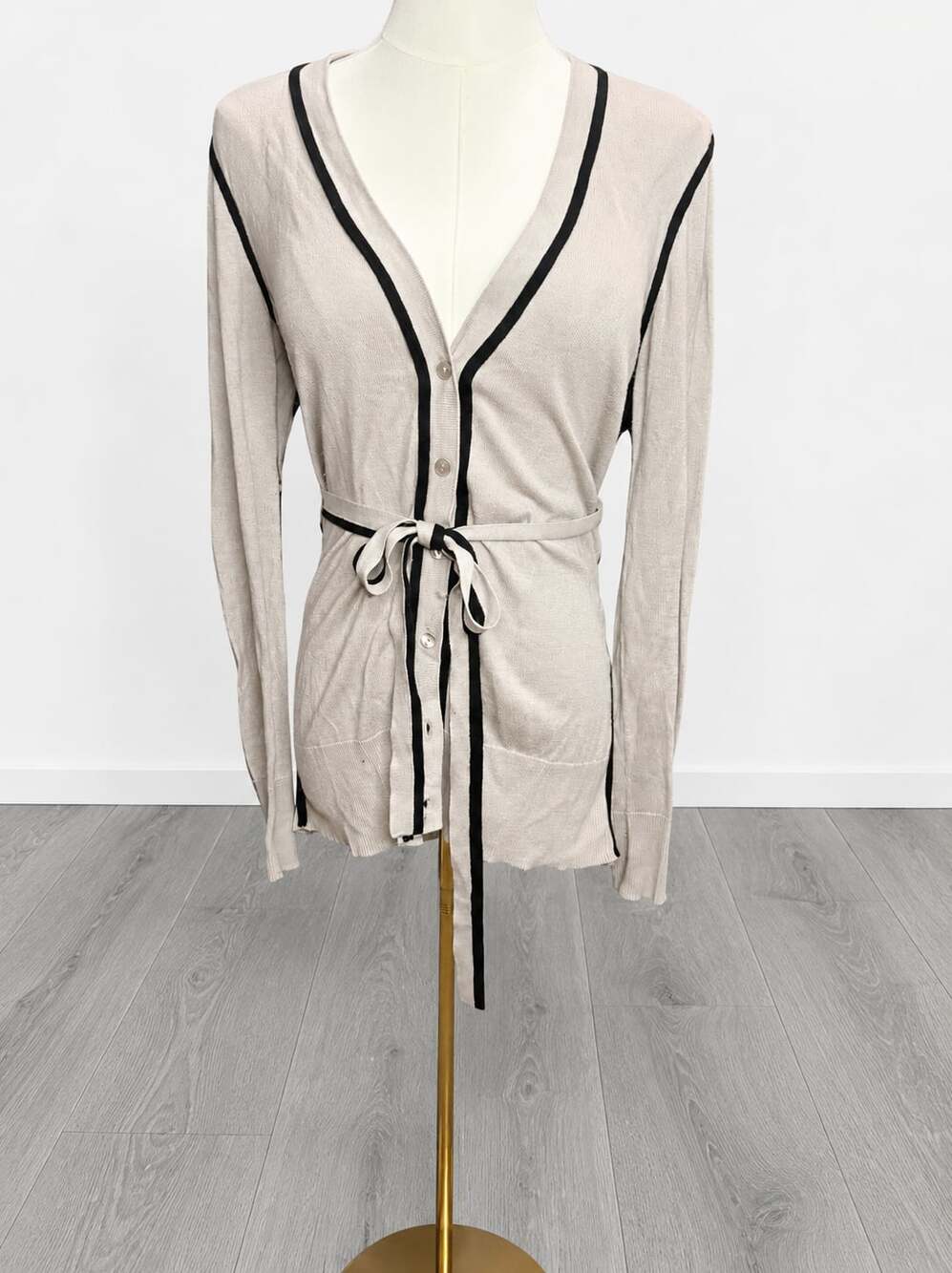 Ann Taylor LOFT Beige and Black Contrast Trim Tie Belt Cardigan Sweater